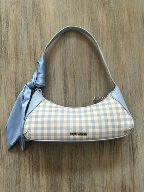 Steve Madden Blue and White Gingham Shoulder Bag with Scarf Accent